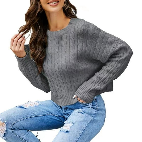Odeerbi Winter Knit Cropped Sweater For Women 2025 Fashion Comfortable Solid Color Long Length Round Neck Sweater Top Gray