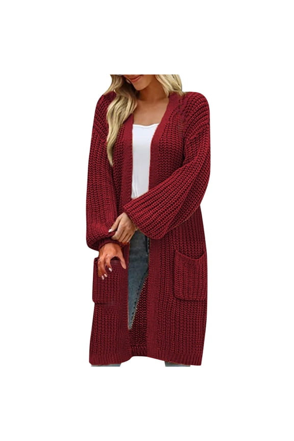 Winter Knit Long Cardigan Sweaters For Women Plus Size Loose Sweater Fashion Checkered Color Matching Sweater Coat Burgundy
