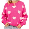 thumbnail image 1 of Odeerbi Winter Knit Sweater For Women Comfortable Love Print 2025 Long Sleeve Round Neck Sweater Top Hot Pink, 1 of 8