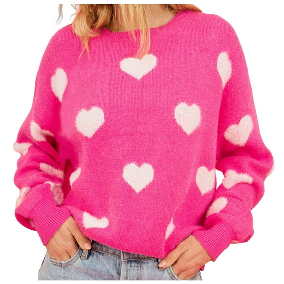 Odeerbi Winter Knit Sweater For Women Comfortable Love Print 2025 Long Sleeve Round Neck Sweater Top Hot Pink