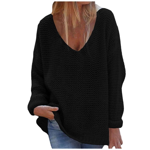 Odeerbi Winter Knit Sweaters for Women Solid Color Loose V Neck Sweater Single Breasted Sweater Tops Cardigan Coat Black