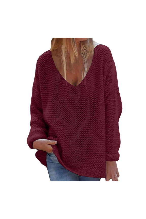 Winter Knit Sweaters for Women Solid Color Loose V Neck Sweater Single Breasted Sweater Tops Cardigan Coat Burgundy