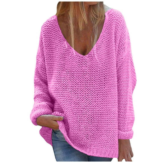 Odeerbi Winter Knit Sweaters for Women 2025 Solid Color Loose V Neck Sweater Single Breasted Sweater Tops Cardigan Coat Hot Pink