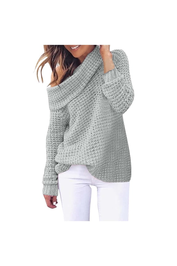 Winter Knit Turtleneck Sweater For Women Solid Color Cowl Neck Sweater Fashion Casual Long Sleeve Pullover Sweater Tops Gray