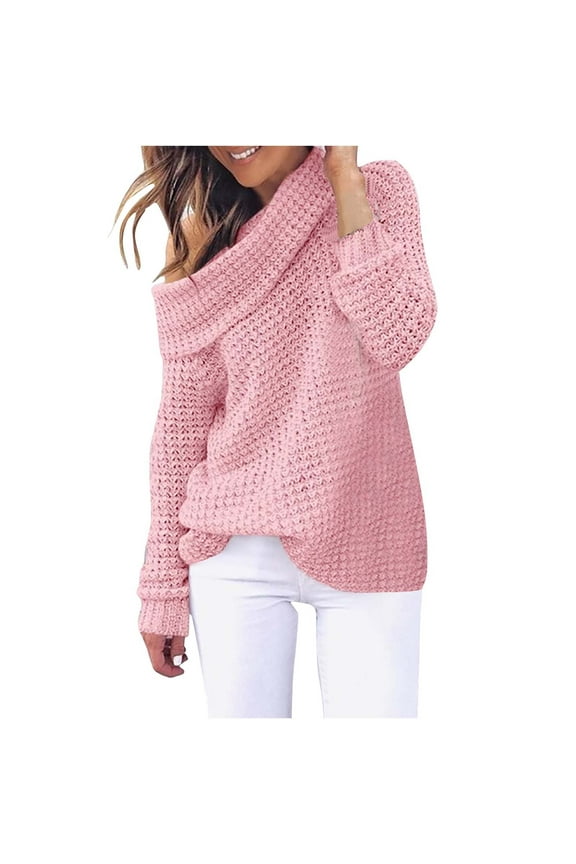 Winter Knit Turtleneck Sweater For Women Solid Color Cowl Neck Sweater Fashion 2025 Casual Long Sleeve Pullover Sweater Tops Pink
