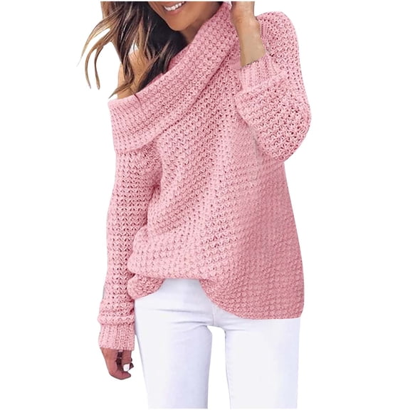 Odeerbi Winter Knit Turtleneck Sweater For Women Solid Color Cowl Neck Sweater Fashion 2025 Casual Long Sleeve Pullover Sweater Tops Pink