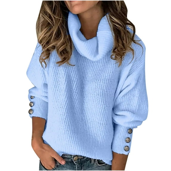 Odeerbi Winter Knit Turtleneck Sweater For Women Solid Color Cowl Neck Sweater Long Sleeve Stitching Sweaters 2025 Casual Loose Top Blouse Sky Blue