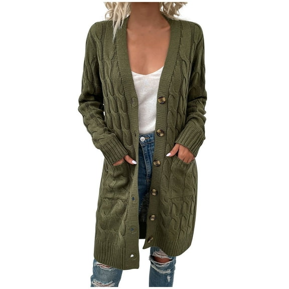 Odeerbi Winter Long Cardigan Sweaters For Women Fall Cable Knit Sweater New 2025 Casual Dough Twists Sweater Button Coat Olive Green