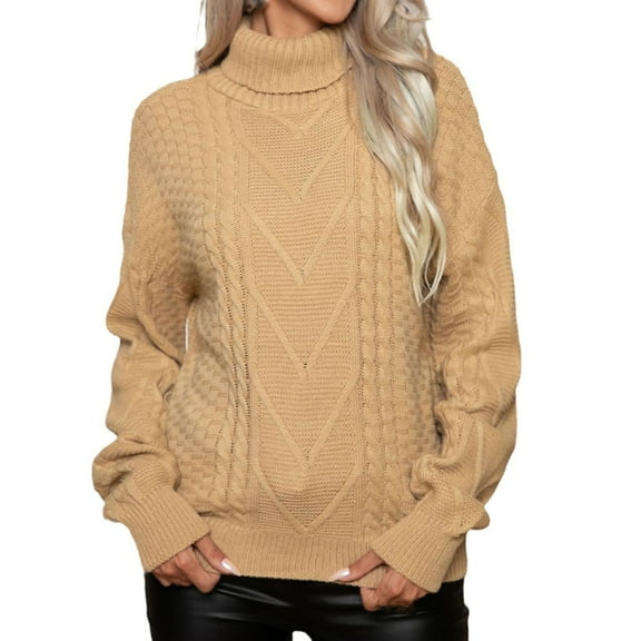 Odeerbi Winter Loose Cable Knit Turtleneck Sweater For Women 2025 Long Sleeve High Neck Pullover Sweater Beige