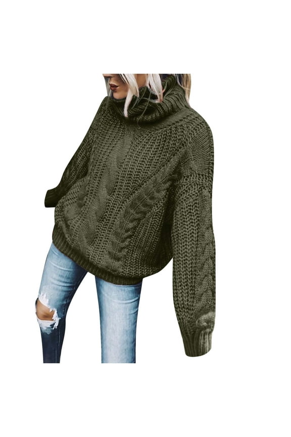 Winter Loose Solid Color Turtleneck Sweater For Women 2025 Long Sleeves High Neck Knitting Pullover Sweater Olive Green