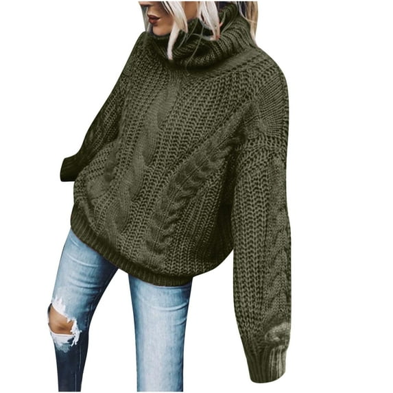 Odeerbi Winter Loose Solid Color Turtleneck Sweater For Women Long Sleeves High Neck Knitting Pullover Sweater Olive Green