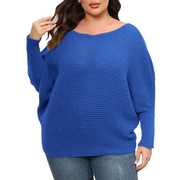 Odeerbi Winter Off The Shoulder Batwing Sweaters For Women Plus Size Loose Solid Color Sweater 2025 Fashion Round Neck Long Sleeve Large Knit Sweater Blue