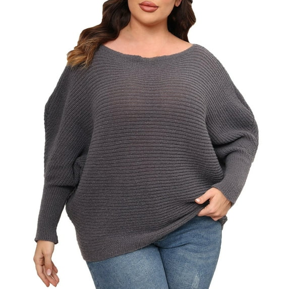 Odeerbi Winter Off The Shoulder Batwing Sweaters For Women Plus Size Loose Solid Color Sweater 2025 Fashion Round Neck Long Sleeve Large Knit Sweater Gray