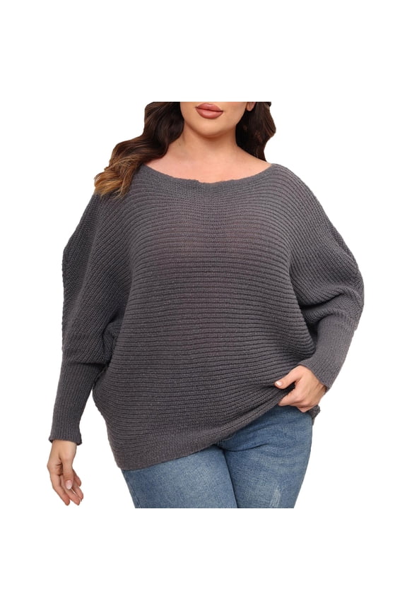 Winter Off The Shoulder Batwing Sweaters For Women Plus Size Loose Solid Color Sweater Fashion Round Neck Long Sleeve Large Knit Sweater Gray