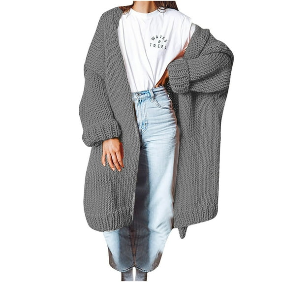 Odeerbi Winter Solid Color Chunky Knit Long Cardigan Sweaters For Women 2025 Fashion Pattern Sweater Coat Dark Gray