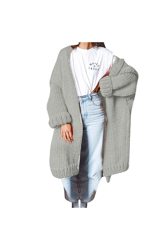 Winter Solid Color Chunky Knit Long Cardigan Sweaters For Women Fashion Pattern Sweater Coat Gray