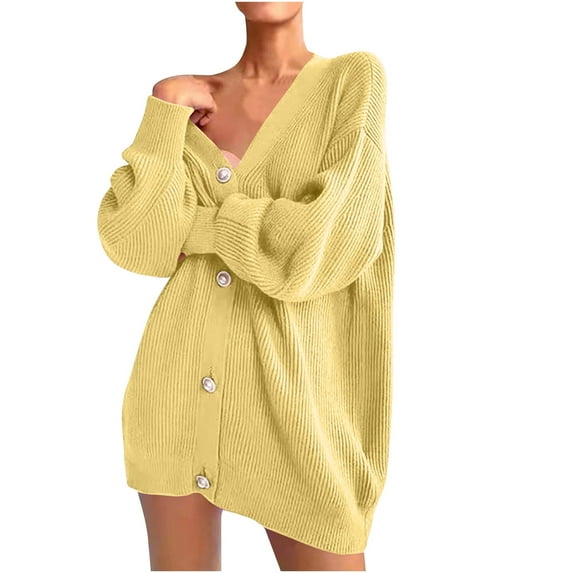 Odeerbi Winter Solid Color Knit Sweater For Women Fashion Long Sleeve Shirt Pullover Sweater Tops Yellow
