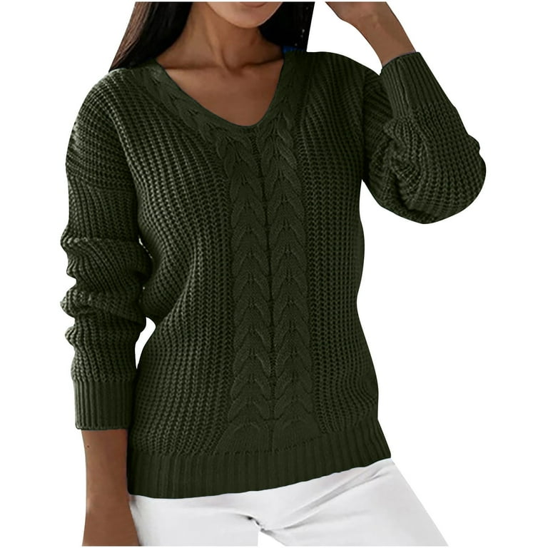 Odeerbi Winter Solid Color Sweaters For Women V Neck Loose Sweater Long Sleeves 2024 Casual Pullover Blouse Tops Olive Green
