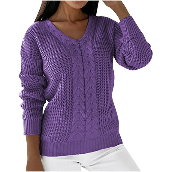 Odeerbi Winter Solid Color Sweaters For Women V Neck Loose Sweater Long Sleeves 2025 Casual Pullover Blouse Tops Purple