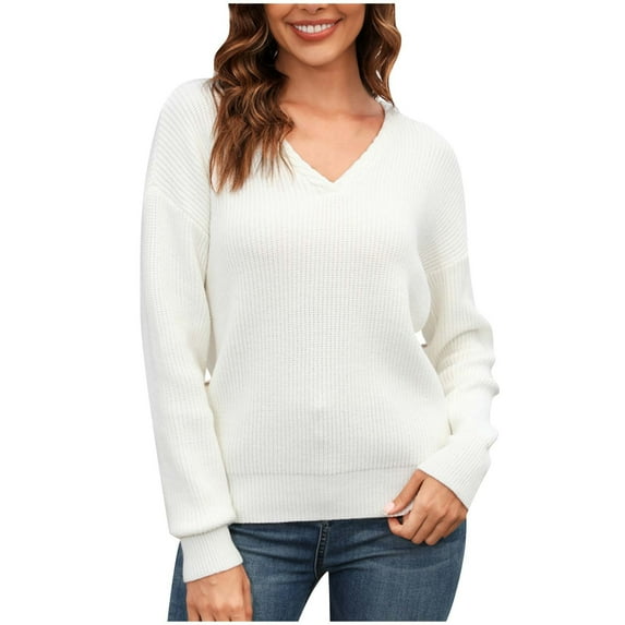Odeerbi Winter Solid Color V Neck Sweaters For Women Fashion 2025 Casual Comfortable Pullover Sweater Long Sleeve Blouse White