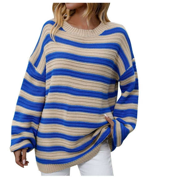 Odeerbi Winter Striped Knit Sweater For Women Loose Pullover Sweater 2024 Long Sleeved Round Neck Sweater Top Blue