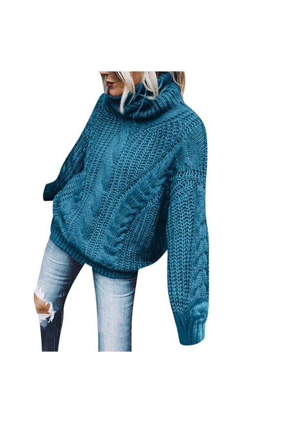 Winter Turtleneck Sweater For Women Loose Solid Color Cowl Neck Sweater Long Sleeves High Neck Knitting Pullover Sweater Blue