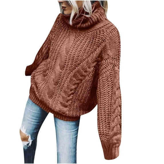 Odeerbi Winter Turtleneck Sweater For Women Loose Solid Color Cowl Neck Sweater 2025 Long Sleeves High Neck Knitting Pullover Sweater Coffee