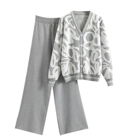 Odeerbi Winter V Neck Knit Sweater Sets Women 2 Piece Cotton Clothing Set 2025 Casual Long Sleeve Sweater Sets Stripe Tops Long Pants Suits Gray