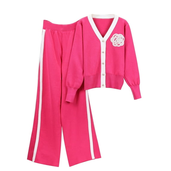 Odeerbi Winter V Neck Knit Sweater Sets Women 2 Piece Cotton Clothing Set 2025 Casual Long Sleeve Sweater Sets Stripe Tops Long Pants Suits Hot Pink