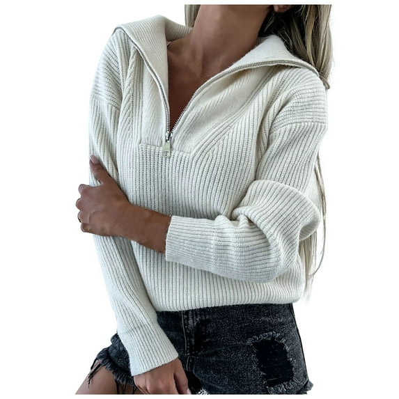 Odeerbi Winter V Neck Solid Color Knit Cotton Sweaters For Women 2025 New Long Sleeve Zipper Split Sweater Blouse White
