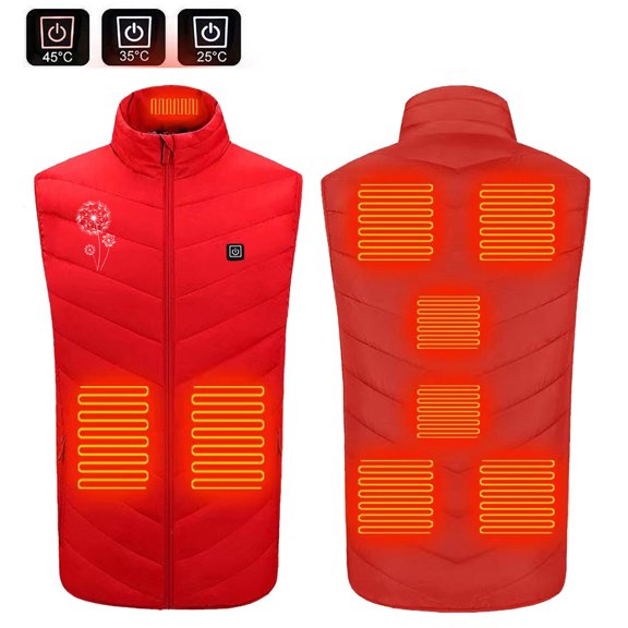 Odeerbi Winter Warm Heated Vest for Men Women USB Rechargeable Heated Jacket with 9 Heating Zones Lightweight Plus Size Floral Print USB Windproof Heated Coat Red without Power Bank