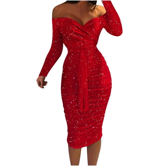 Odeerbi Women Long Sleeve Could Shoulder V-Neck Sequin Party Dresseseses Office Dress Black