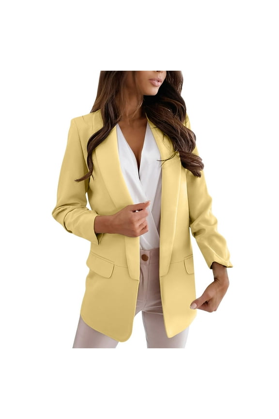 Women Blazer Ladies Solid Turn Down Collar Jacket 2025 Long Sleeve Coat Outerwear Blazer Yellow