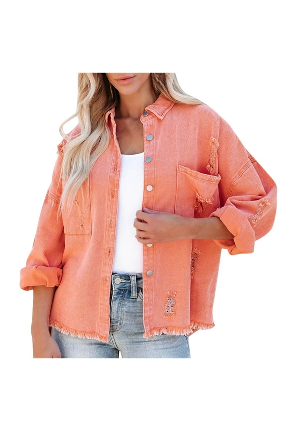 Women Denim Jackets 2025 Casual Washed Worn Hole Coat Loose Hoodless Oversized Boyfriend Long Sleeve Jacket Orange
