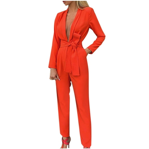 Odeerbi Women Jumpsuit Rompers Overalls 2025 Casual Solid Pocket Romper Long Playsuit Strap Long Sleeve Jumpsuit+Belt Orange