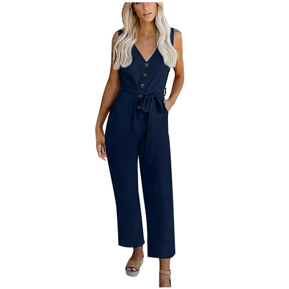 Odeerbi Women Jumpsuit Rompers Overalls Summer Sleeveless High Waisted Solid Color Straight Pants Romper Pants Jumpsuits+Belt Navy