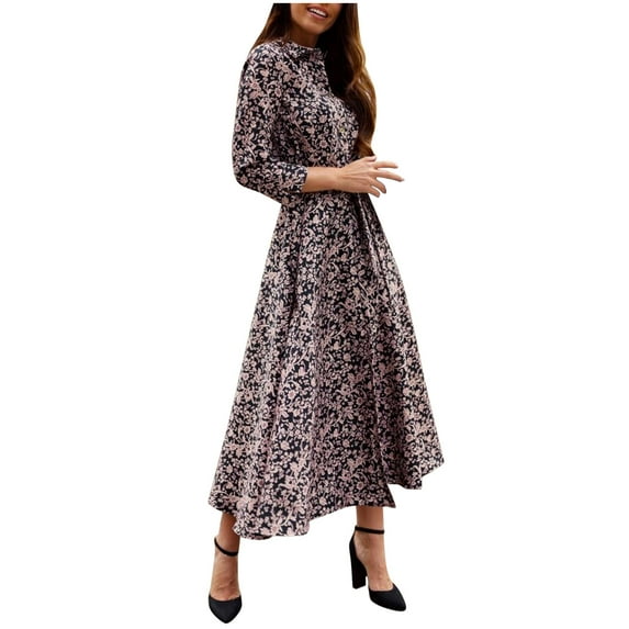 Odeerbi Women Leopard Chiffon Long Sleeve Printing 2025 Casual Party Vintage Boho Maxi Dress Navy