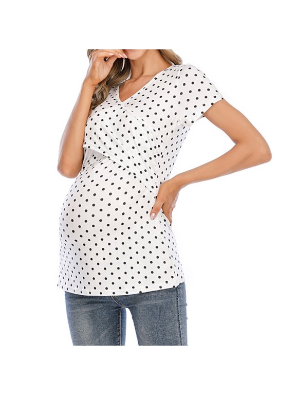 Women Maternity Shirts Blouses Large Size T-shirt Top Summer Round V-neck Short Sleeve Wave Point White