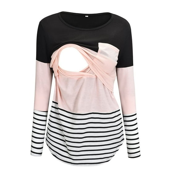 Odeerbi Women Maternity Shirts Blouses Pregnant Nursing Tops T-Shirt Round Neck Stripe Patchwork 2025 Long Sleeve Breast Feeding Pink