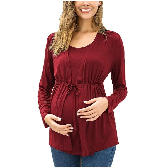 Odeerbi Women Maternity Shirts Pregnant Nursing Blouse Tops O-Neck Long Bandage Sleeve Breast-Feeding Red
