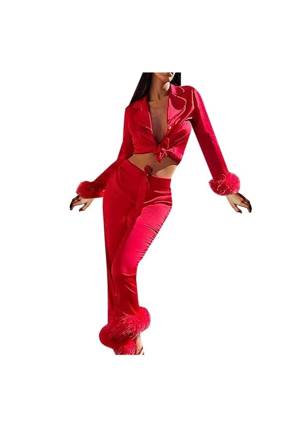 Women Pajama Sets Full Sleeve Sleepwear Attractive 2025 Casual Turn Down Neck Solid Feather Button Pants Suit Homewear Pajamas Purple