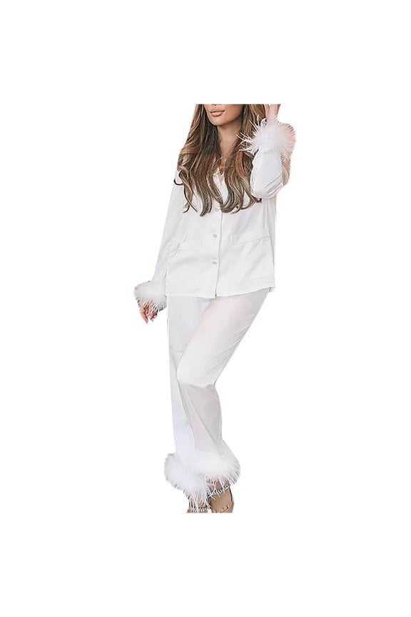 Women Pajama Sets Full Sleeve Sleepwear Attractive 2025 Casual Turn Down Neck Solid Feather Button Pants Suit Homewear Pajamas Purple