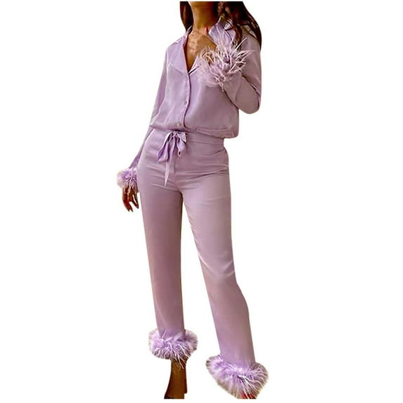 Odeerbi Women Pajama Sets Full Sleeve Sleepwear Attractive Casual Turn Down Neck Solid Feather Button Pants Suit Homewear Pajamas Purple