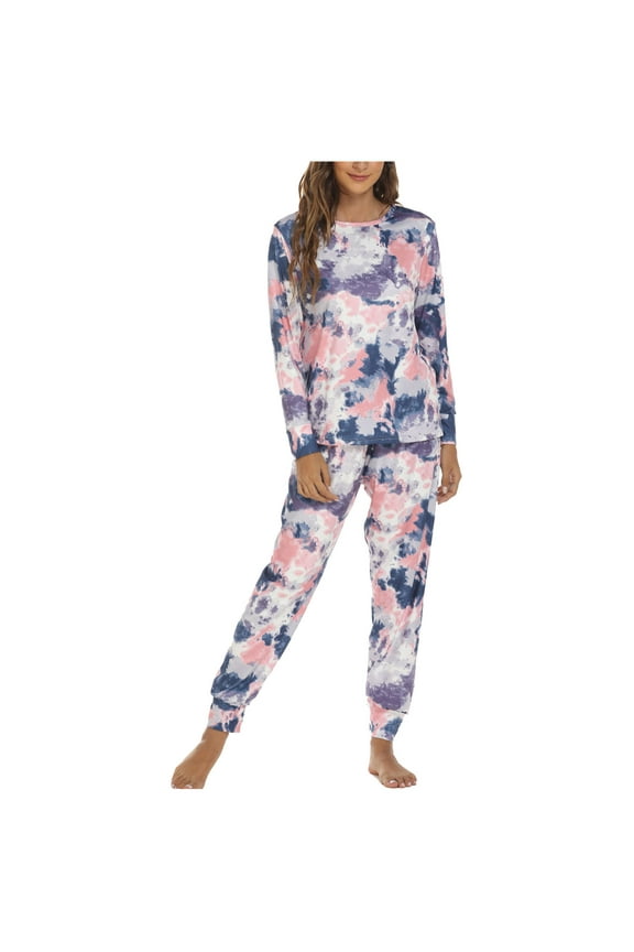 Women Pajama Sets Long Sleeves Sleepwear 2025 Fashion Tie-Dye Print Trousers Pajama Set Two-Piece Blue