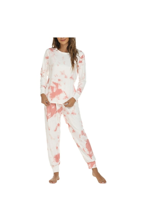 Women Pajama Sets Long Sleeves Sleepwear 2025 Fashion Tie-Dye Print Trousers Pajama Set Two-Piece White