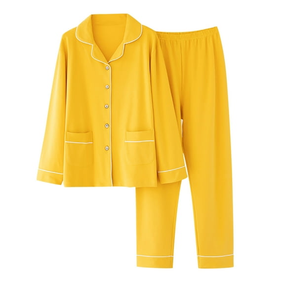 Odeerbi Women Pajama Sets Long Sleeves Sleepwear Cardigan Casual Double Pocket Solid Sleepwear Tops And Pants Turndown Suit Yellow