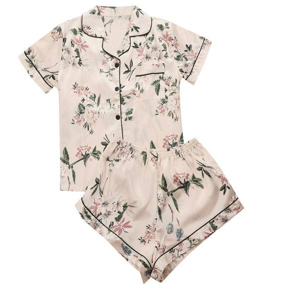 Odeerbi Women Pajama Sets Short Sleeve Sleepwear Fashion 2025 Casual Printed Turn-down Tops Shorts Pants Set Sleepwear Pink