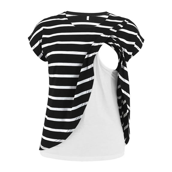 Odeerbi Women Pregnant Shirts Blouses Clothes Striped Stitching Multilayer Wrap Breastfeeding Top Black