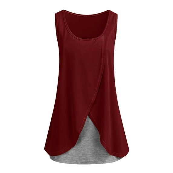 Odeerbi Women Pregnant Shirts Nursing Top Blouses Clothes Round Neck Sleeveless Stitching Maternity Claret