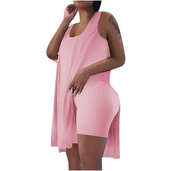 Odeerbi Women Suits Sets Plus Size 2 Piece Outfits Sleeveless Loose Tops 2025 Casual Skinny U-Neck Biker Shorts Sets TrackSuitss Hot Pink
